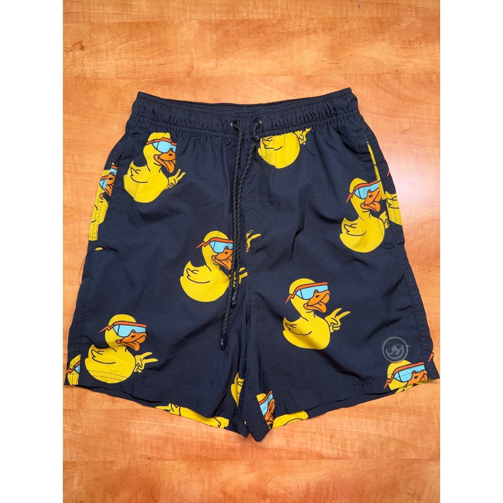 Neff Kids Med Swim Trunks Black Rubber Duck Sunglasses Peace Sign Board Shorts